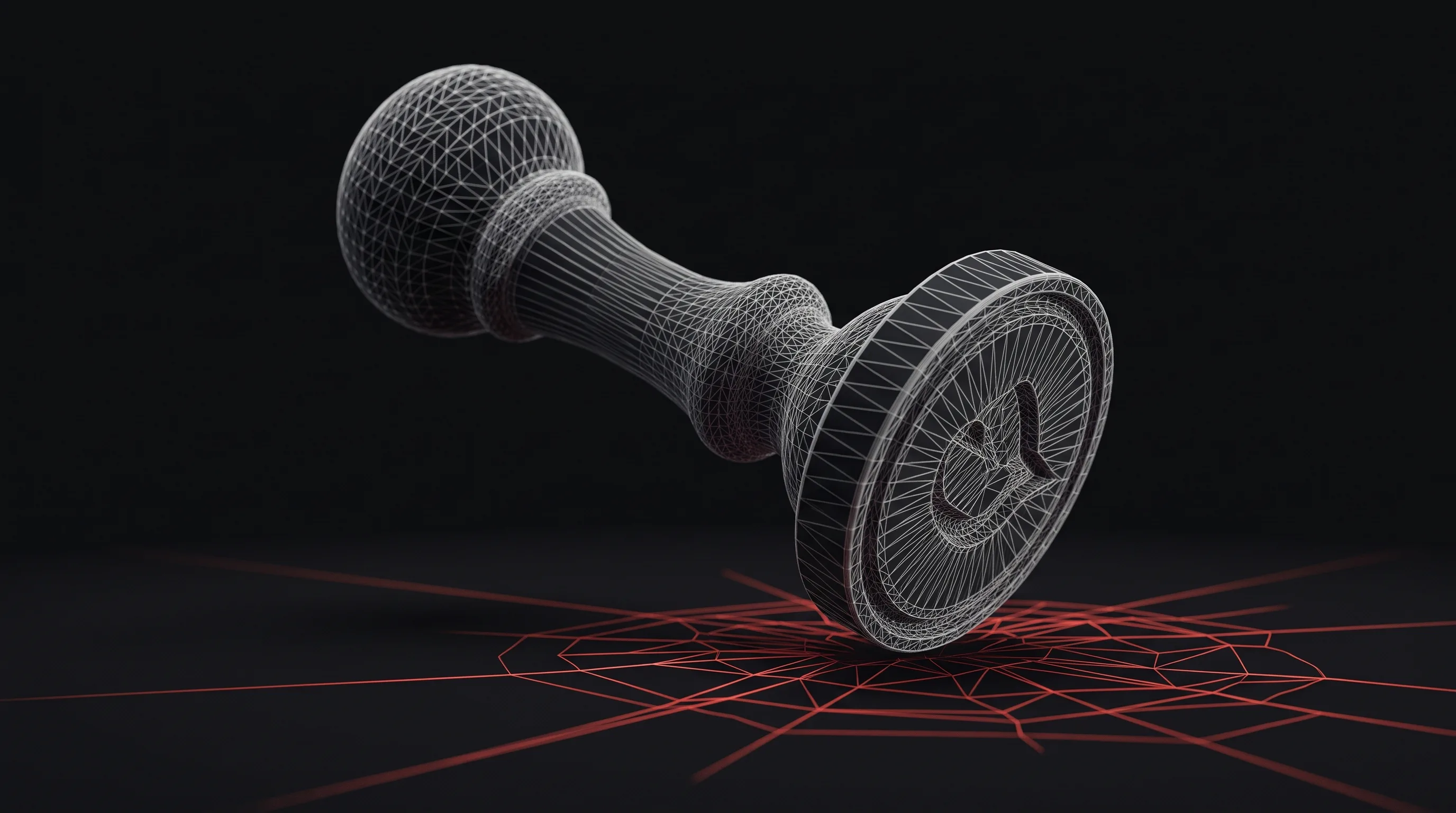 Wireframe render of a wax seal stamp mid-impact, representing a declared credit event
